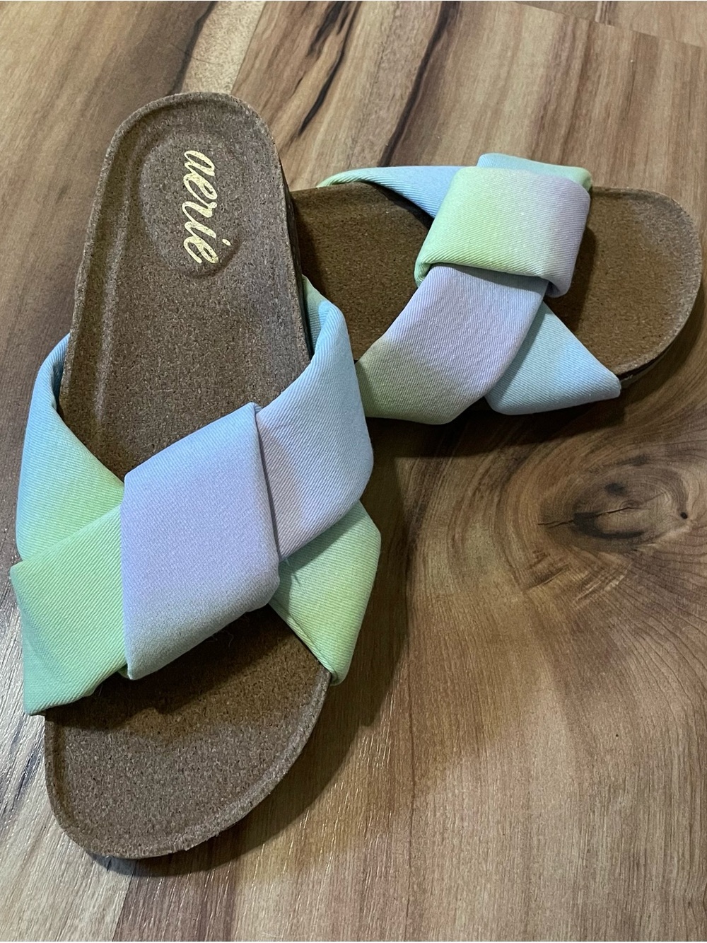 Aerie Pastel Knotted Fabric Slide Sandals Cork Footbed Sz 8